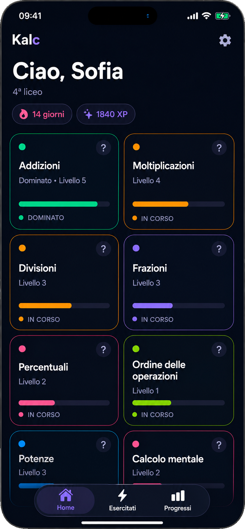 App Kalc su iPhone: dashboard con progressi per area di calcolo mentale.